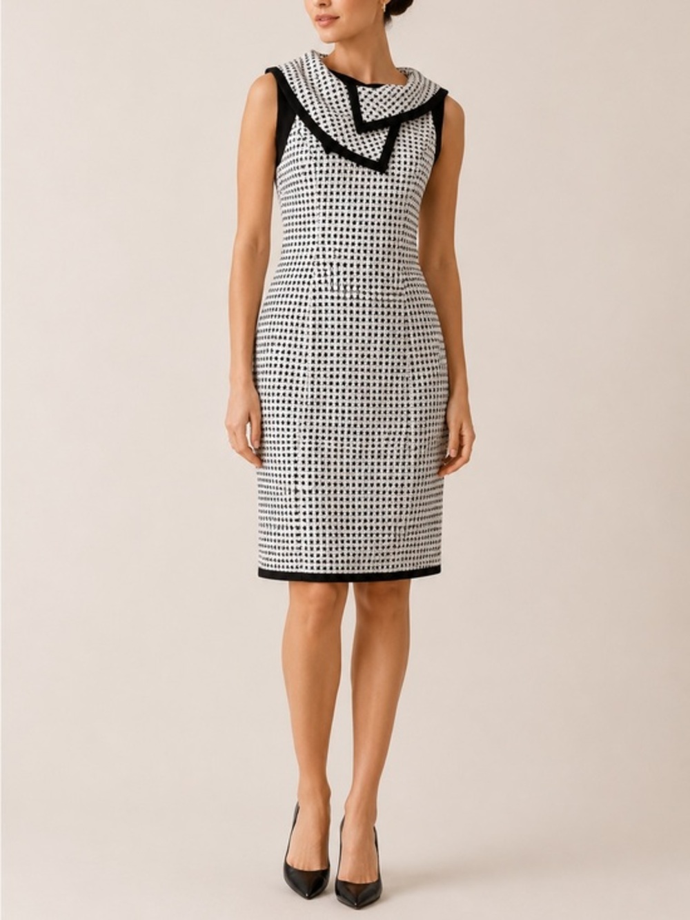 Joseph Ribkoff Black White Audrey Check Sleeveless Collared Classic Sheath Dress